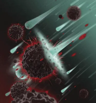 Artistic Representation of React Therapy attacking a tumor